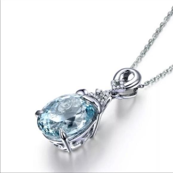 NEW AQUAMARINE 925 STERLING SILVER DIAMOND NECKLACE, WOW NECKLACE, CUTE NECKLACE - Picture 6 of 6